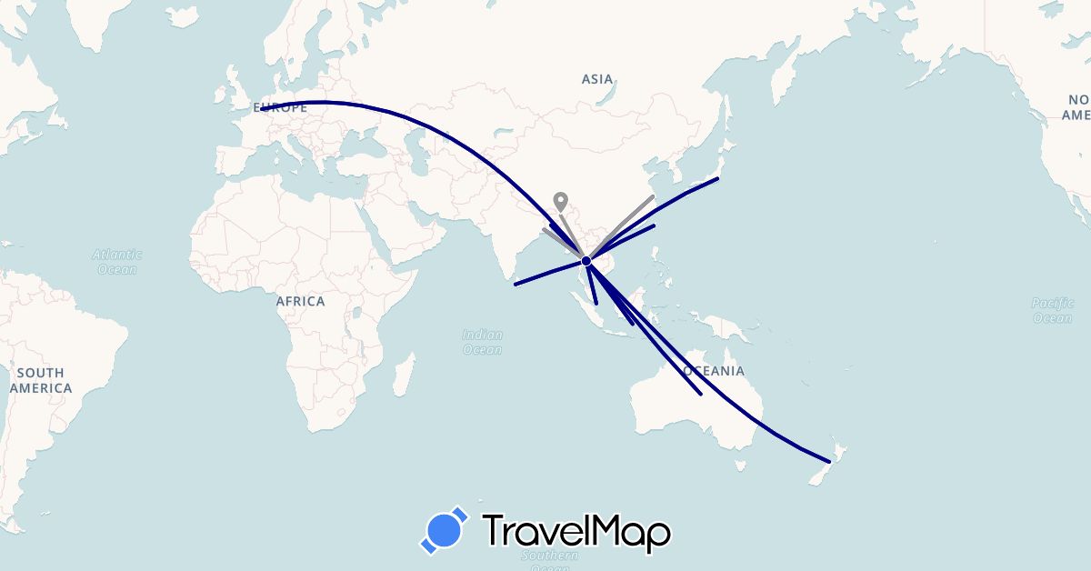 TravelMap itinerary: driving, plane in Australia, Bangladesh, Belgium, China, Indonesia, India, Japan, Sri Lanka, New Zealand, Singapore, Thailand, Taiwan (Asia, Europe, Oceania)